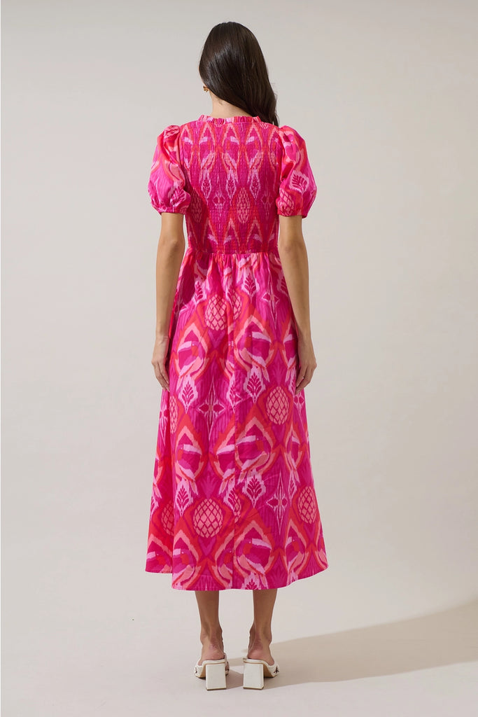 Prissa Ikat Brenty Smocked Midi Dress Magenta