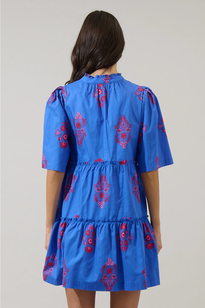 Shayna Floral Dixie Split Neck Shift Dress Blue