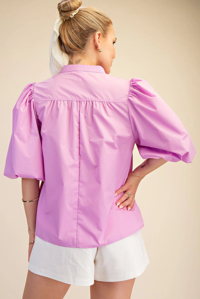 China Collar V-Neck Bubble Sleeve Poplin Top