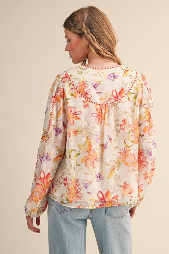 Cream Multi Floral Balloon Sleeve Top