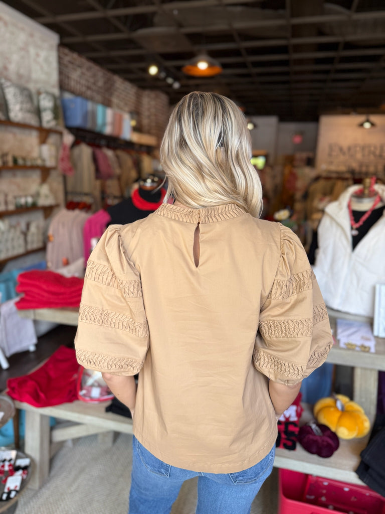 Tan Pintuck Detail Puff Sleeve Top