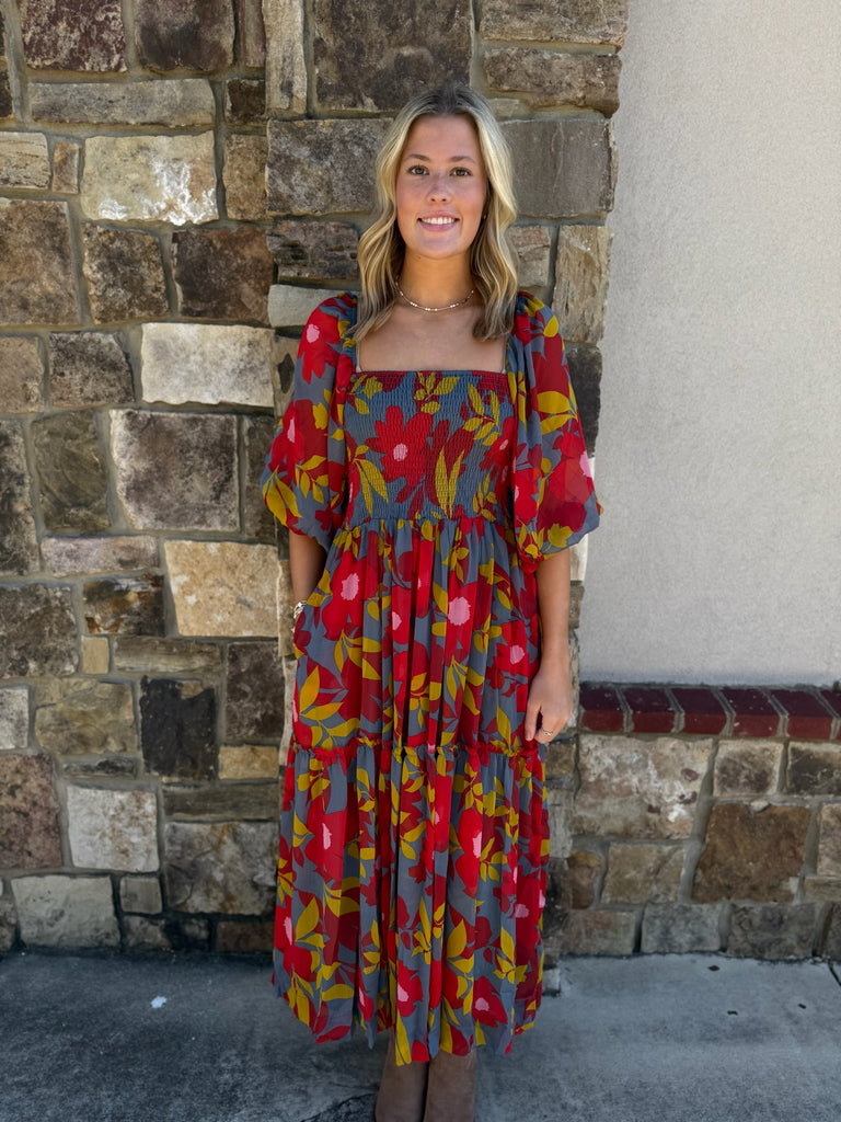 Floral Chiffon Smock Tier Maxi Dress