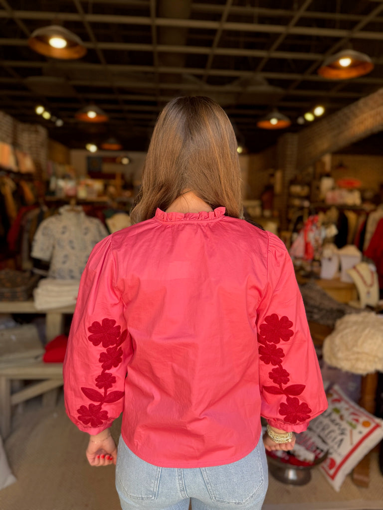 Flower Embroidery Ruffle Neck Top