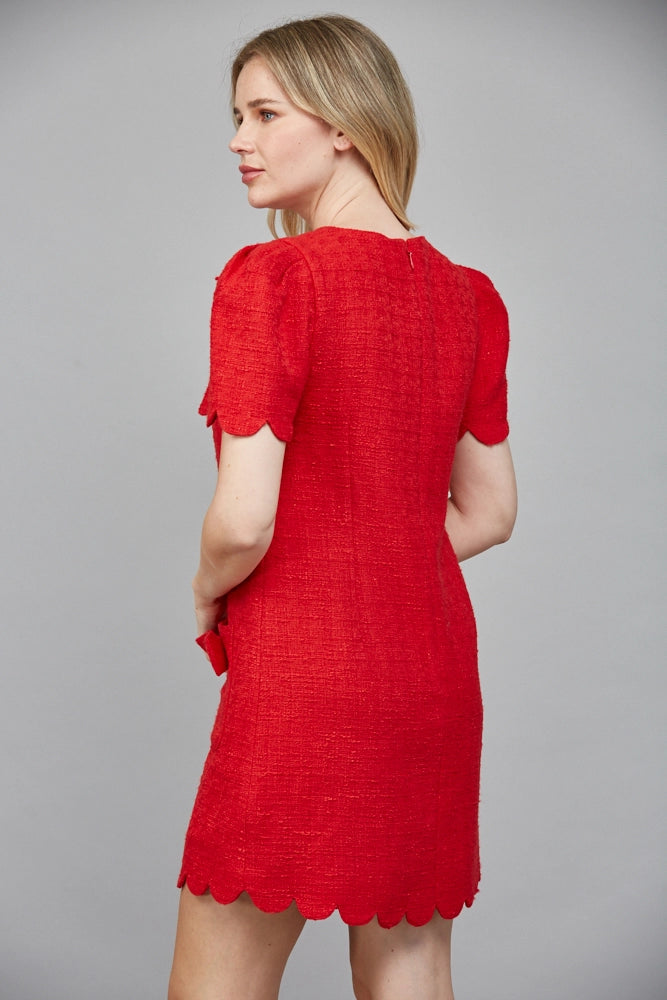 Red Scallop Edge Detail Short Puff Sleeve Tweed Dress