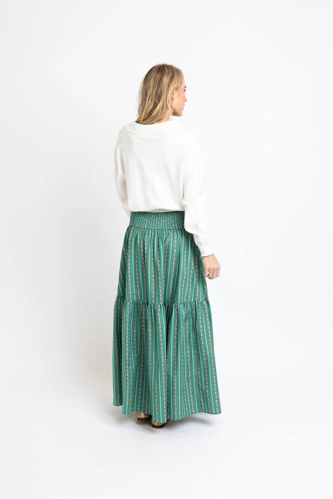 Green Floral Stripe Tier Smock Maxi Skirt
