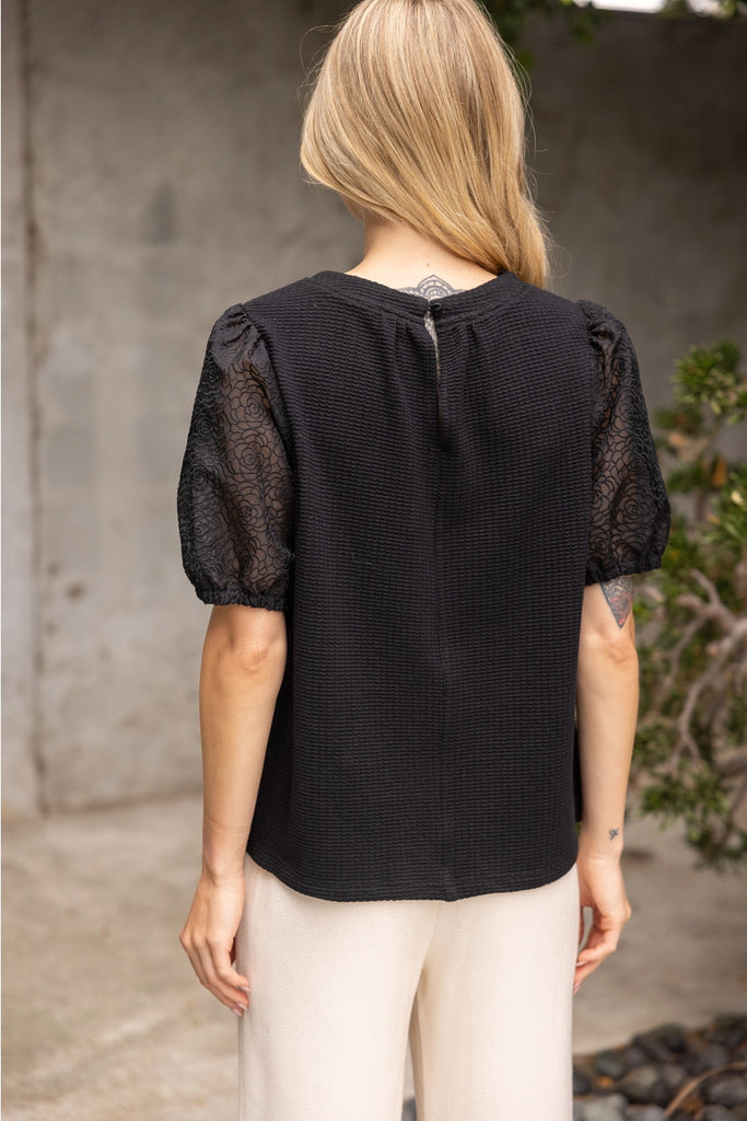 Black Floral Organza Puff Sleeve Waffle Knit Top