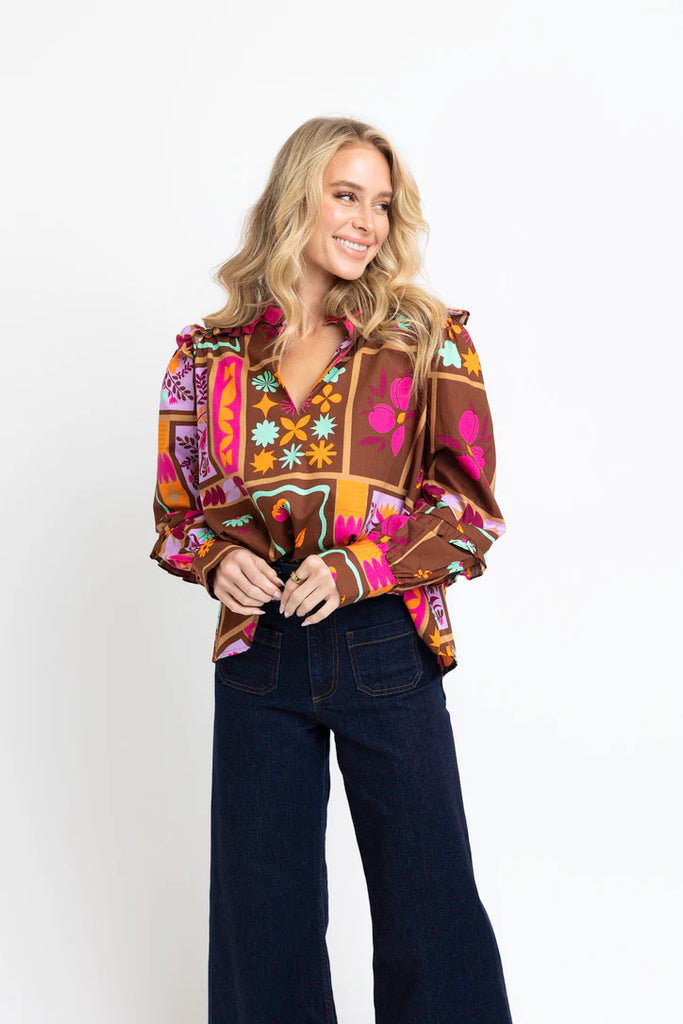 Brown Floral Frame V-Neck Ruffle Top