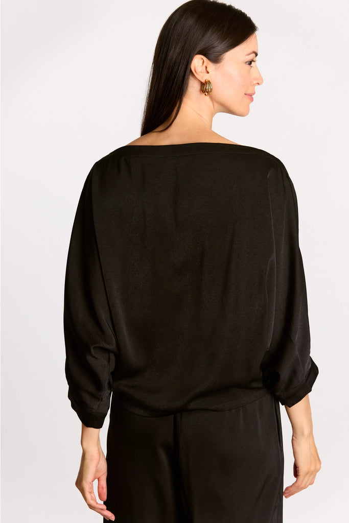 Black Satin Boat Neck Dolman Sleeve Top