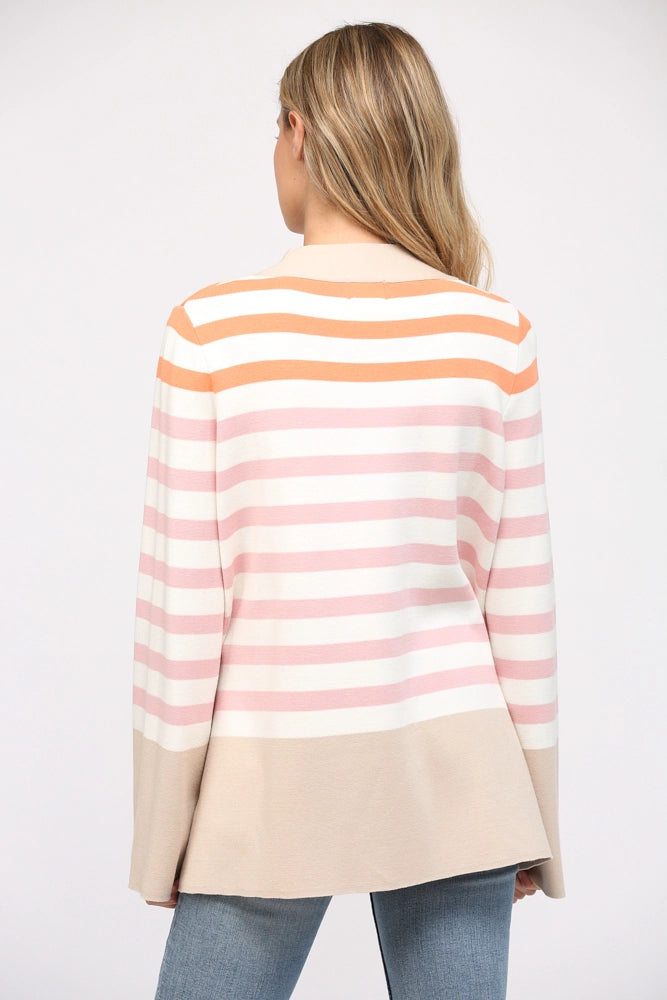 Stripe Mock Neck Bell Sleeve Tunic Sweater
