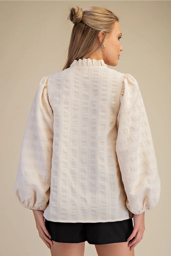 Cream Ruffle Neck Long Puff Sleeve Top