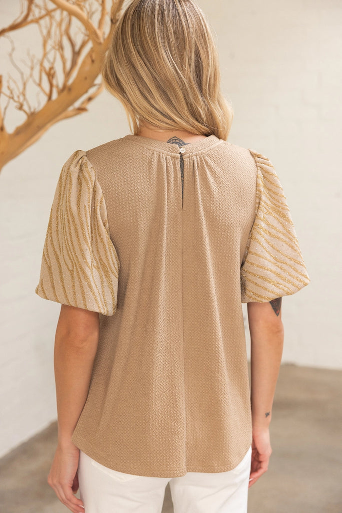 Tan Zebra Pattern Puff Sleeve Knit Top