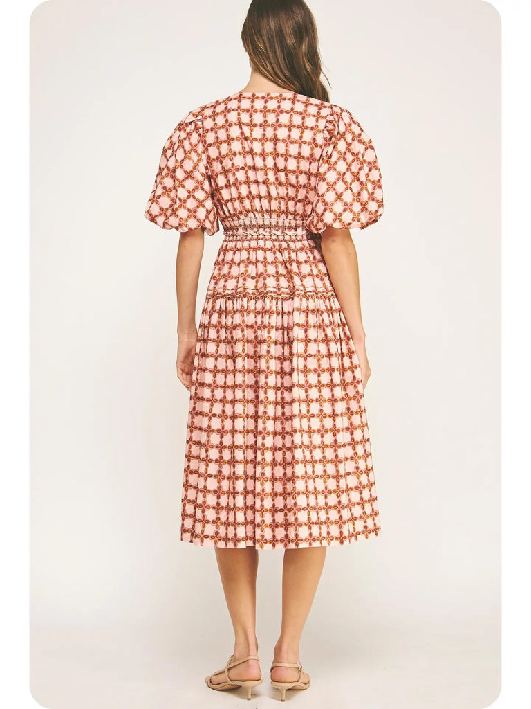 Chainlink Printed Puff Sleeve Midi Dress
