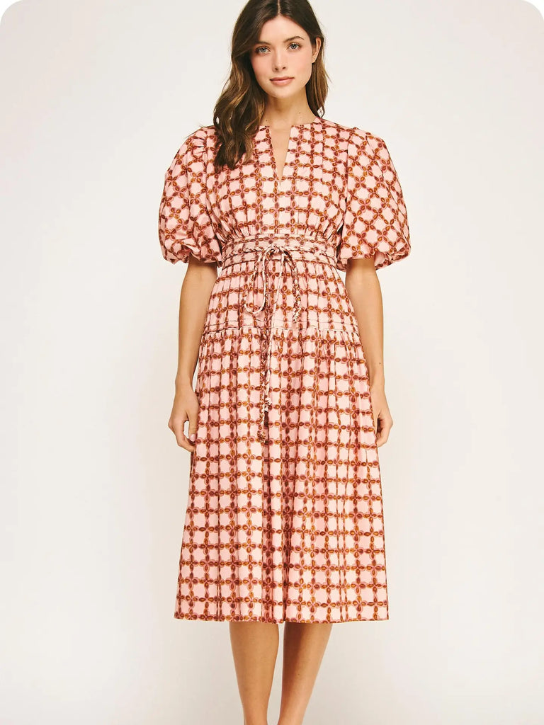 Chainlink Printed Puff Sleeve Midi Dress