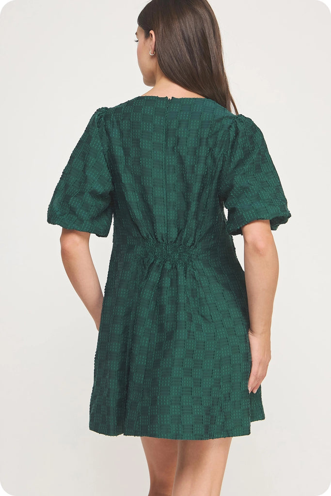 Pintuck Check Textured Puff Sleeve Mini Dress