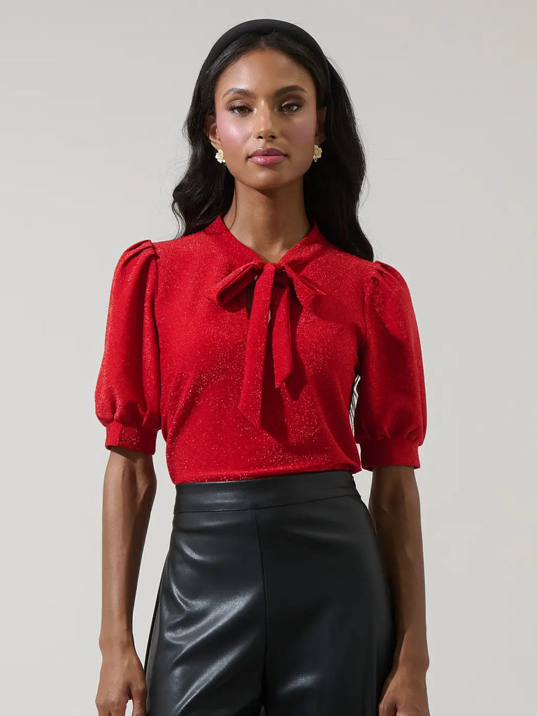 Lisette Shimmer Bow Tie Red Top