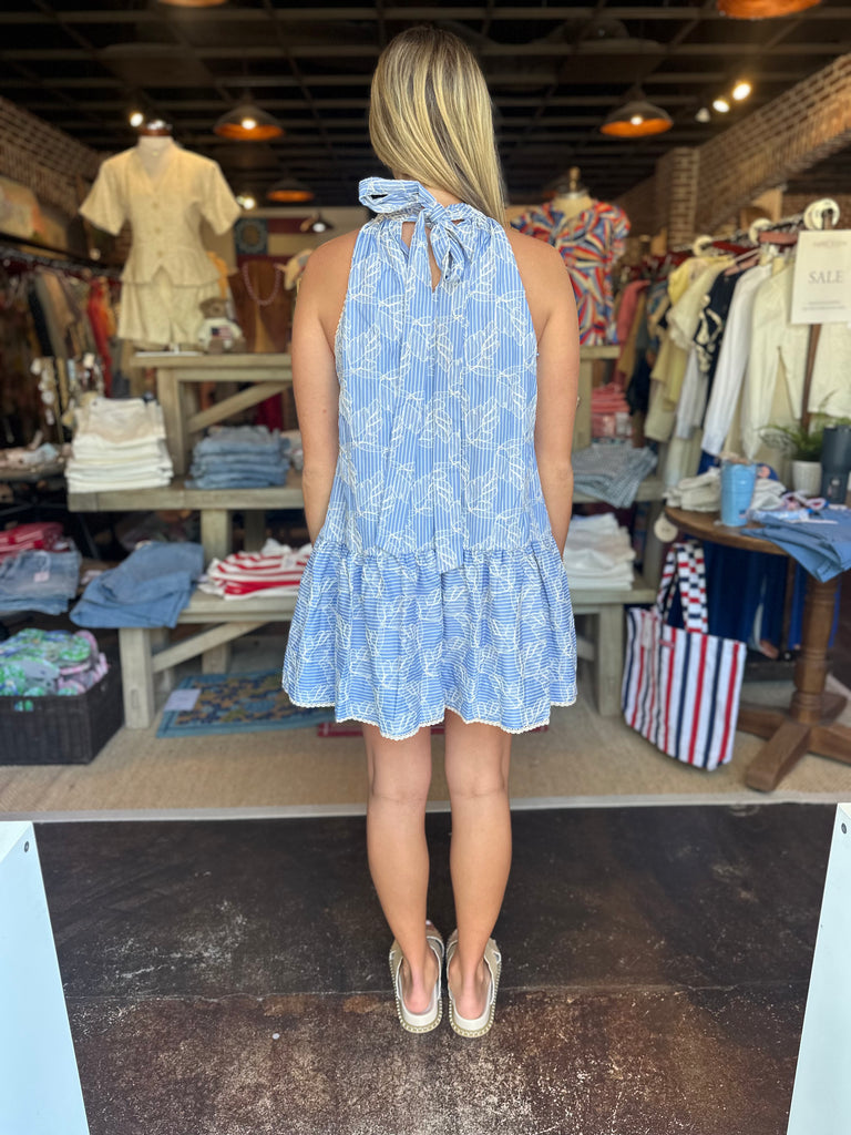 Blue Stripe Embroidered Halter Mini Dress