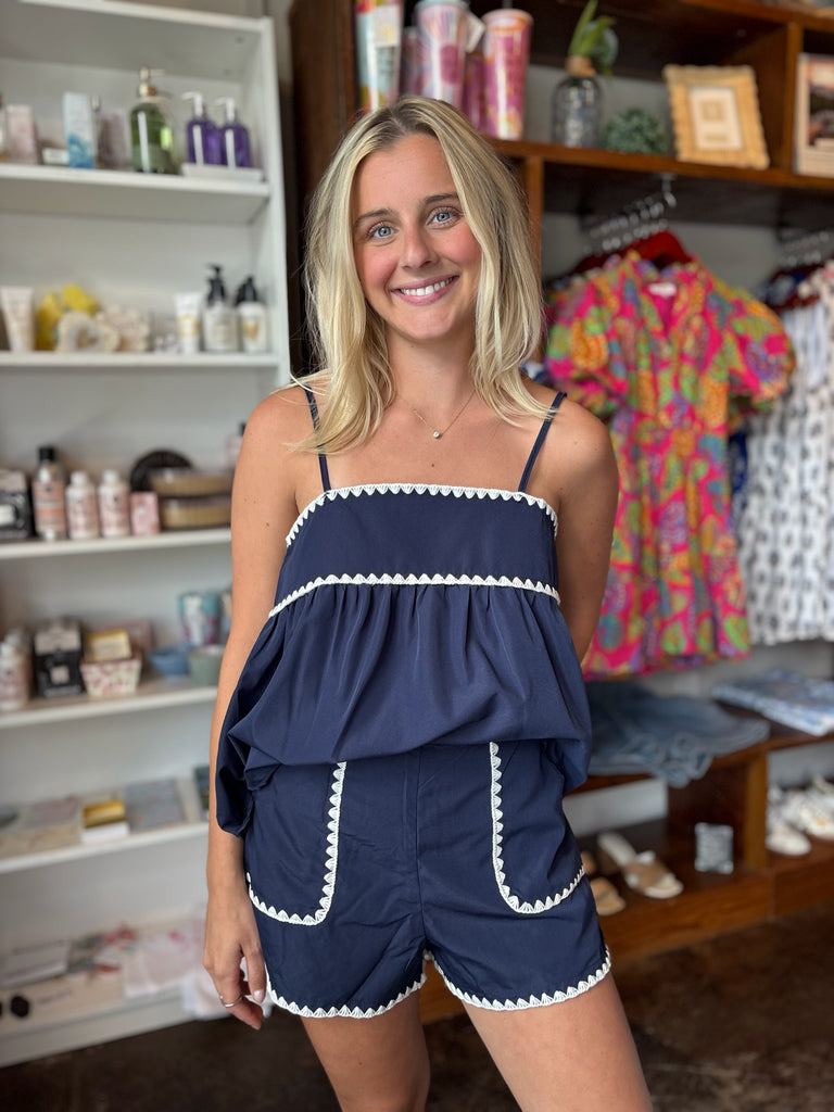 Navy Triangle Embroidery Stitch Top