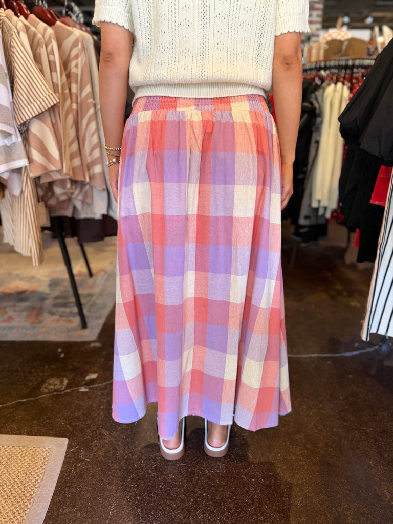 Smocked Waist Plaid Tiered Midi Skirt