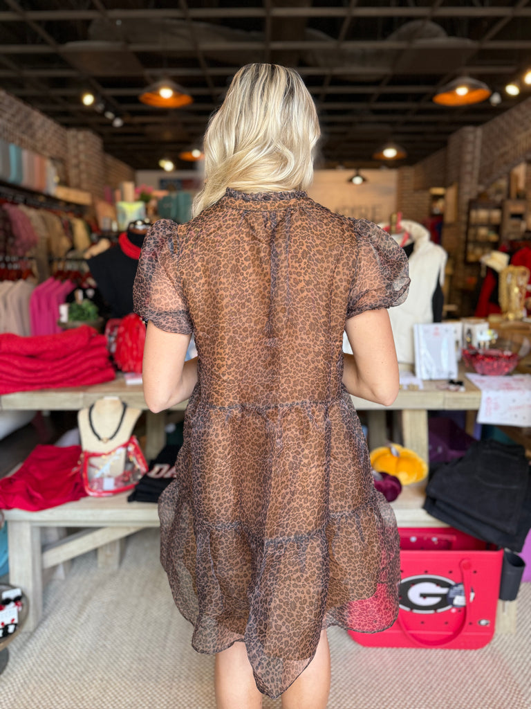 Brass Leopard Organza Tiered Mini Dress