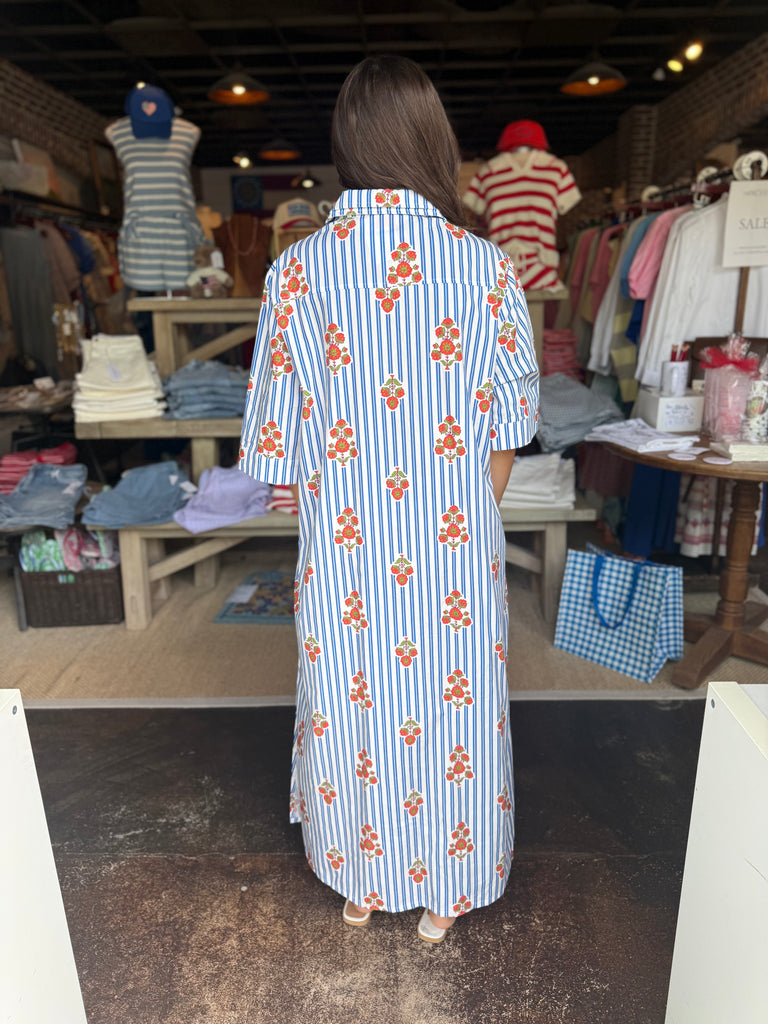 Blue Stripe Floral Maxi Dress