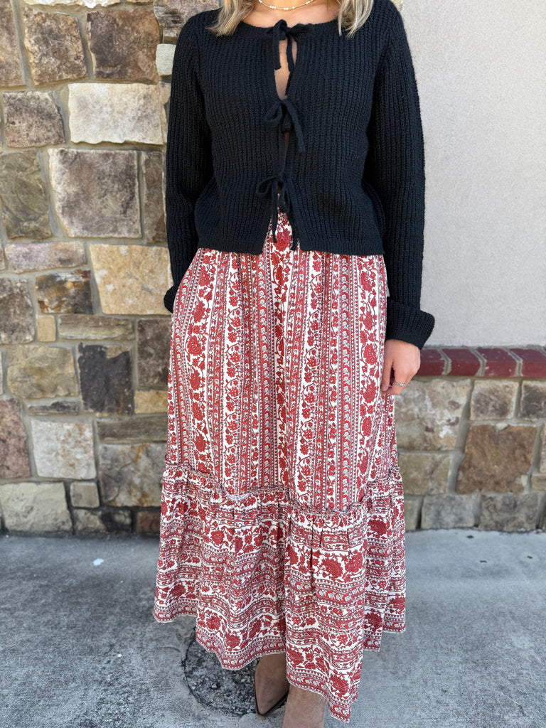 Red Striped Floral Midi Skirt
