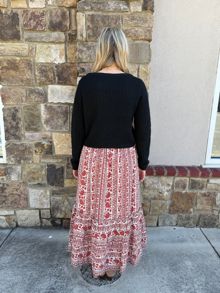 Red Striped Floral Midi Skirt