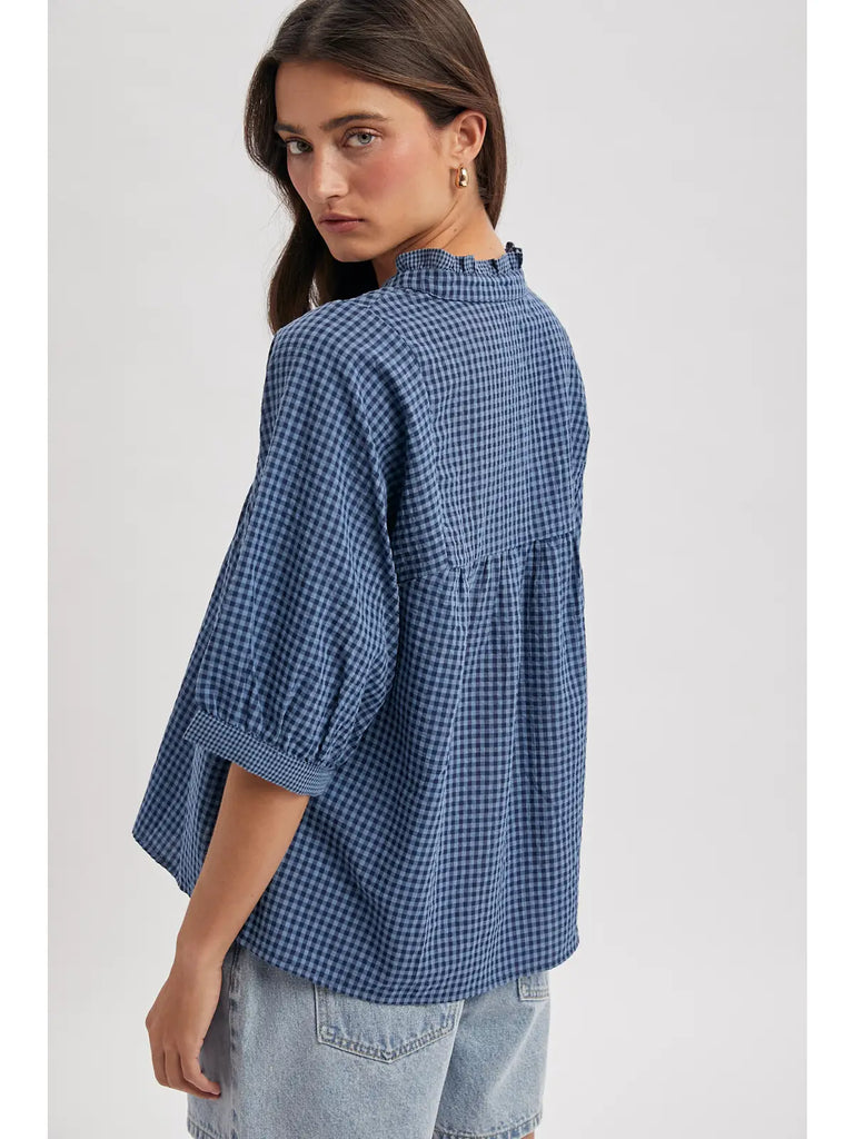Plaid Mock Neck Blouse Navy & Blue