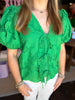FINAL SALE - Friona Eyelet Puff Sleeve Top Kelly Green