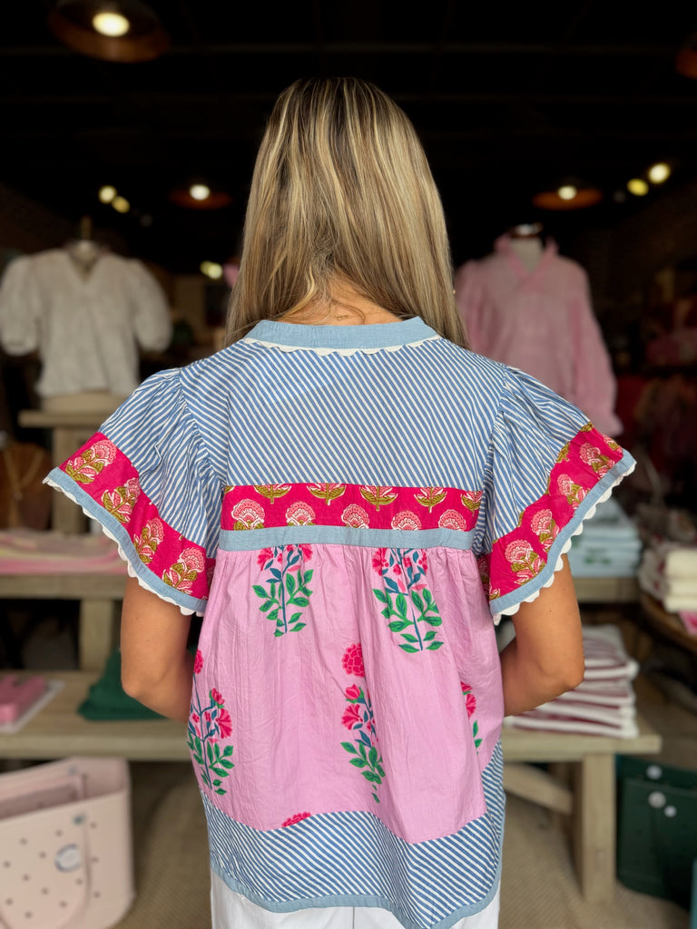 Flowy Sleeve Floral Pattern V-Neck Top