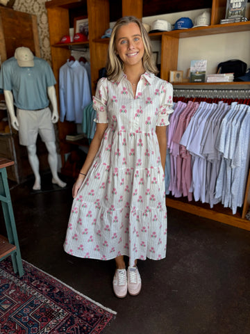 Prissa Ikat Brenty Smocked Midi Dress Magenta