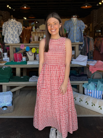 Prissa Ikat Brenty Smocked Midi Dress Magenta