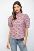 Pink Multi Puff Sleeve Ruffle Neck Top