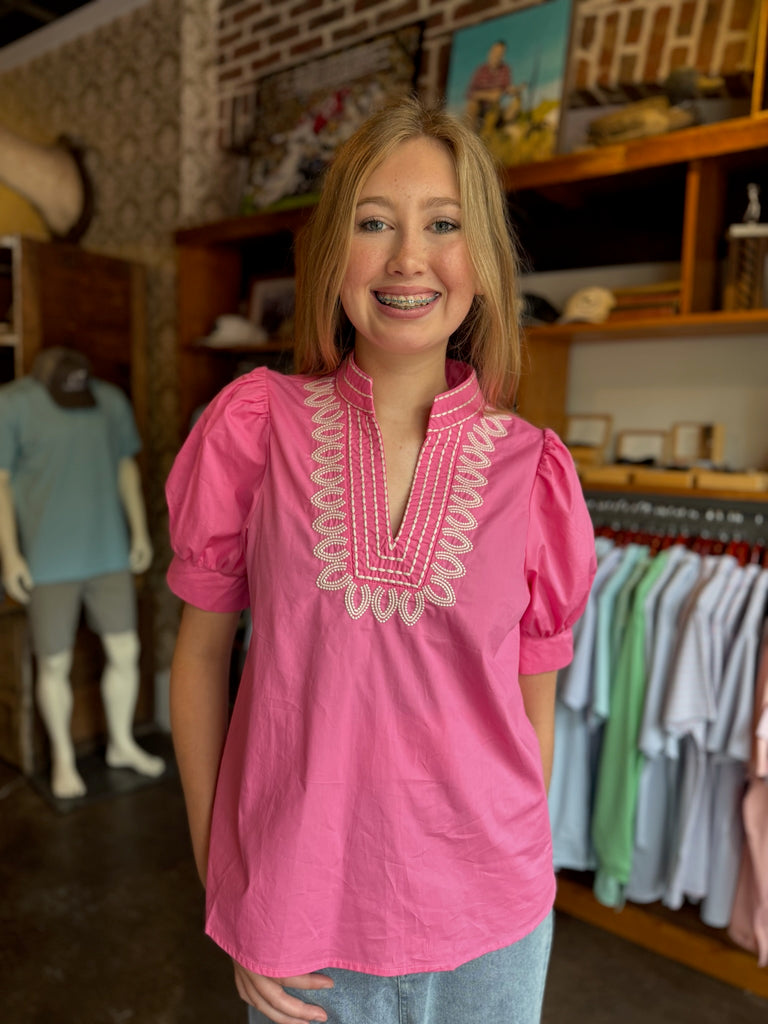 Solid Embroidered V-Neck Band Collar Top