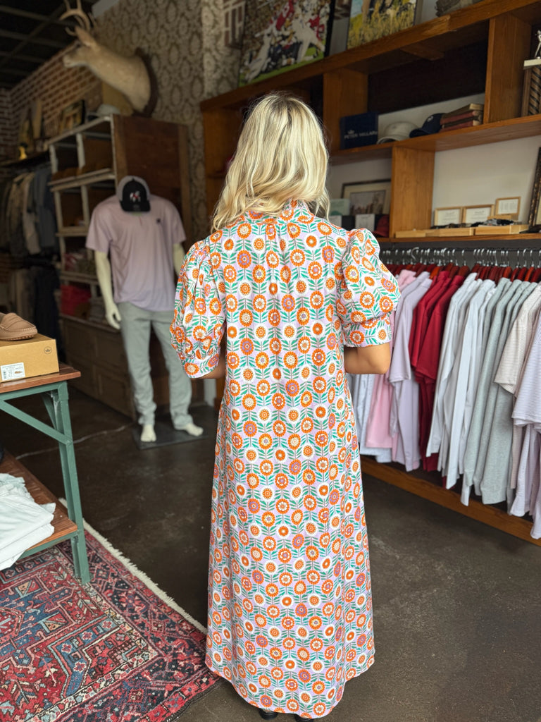 Lavender Floral Ruffle Neck Button Shirt Maxi Dress