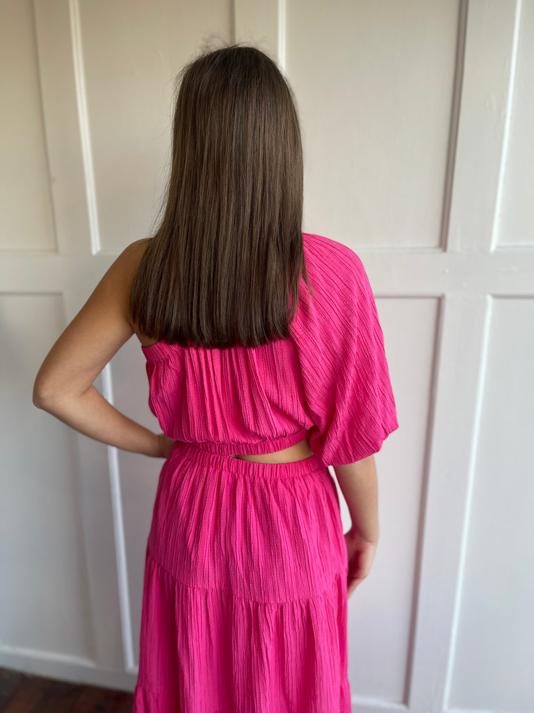Magenta One Shoulder + Cut Out Midi Dress