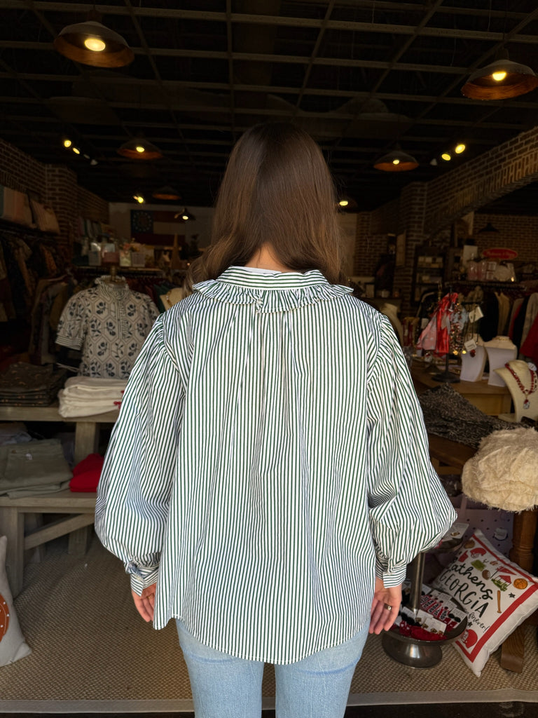 Green Stripe Pleated Ruffle Trim Top