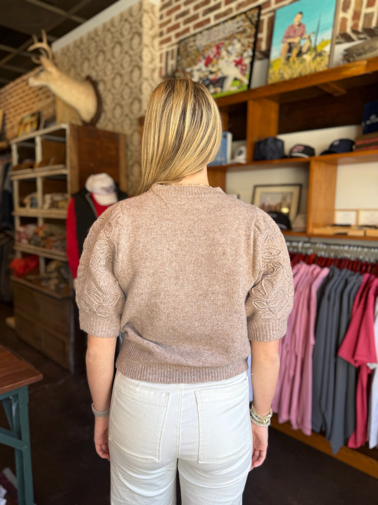 Solid Embroidered Sleeve Knit Top