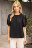 Black Floral Organza Puff Sleeve Waffle Knit Top