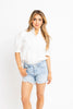 White Solid Ruffle Neck Poplin Puff Sleeve Top