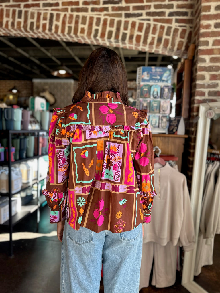 Brown Floral Frame V-Neck Ruffle Top