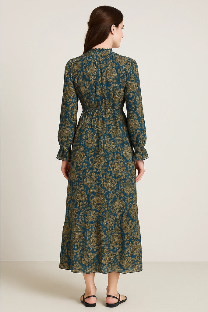 Teal & Yellow Ruffle Detail Maxi Dress