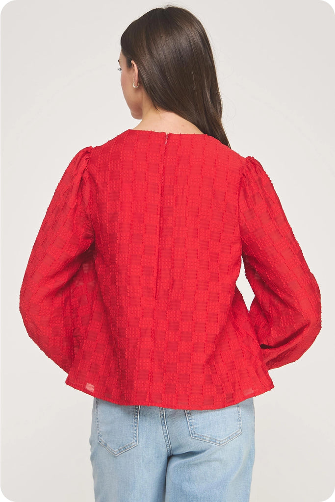 Red Pintuck Check Textured Puff Sleeve Blouse
