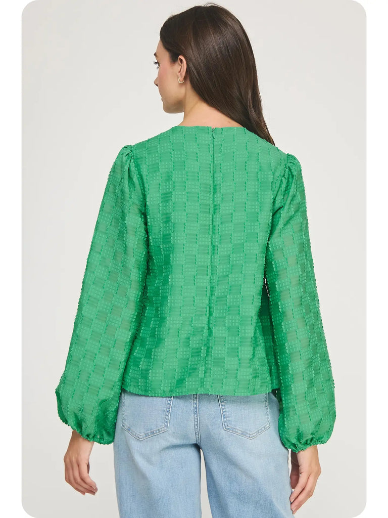 Emerald Pintuck Check Textured Puff Sleeve Blouse