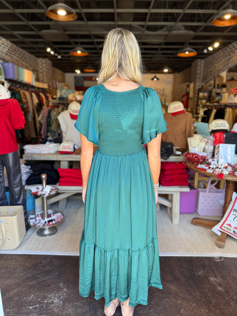 Smocked Washed Satin Midi Dress
