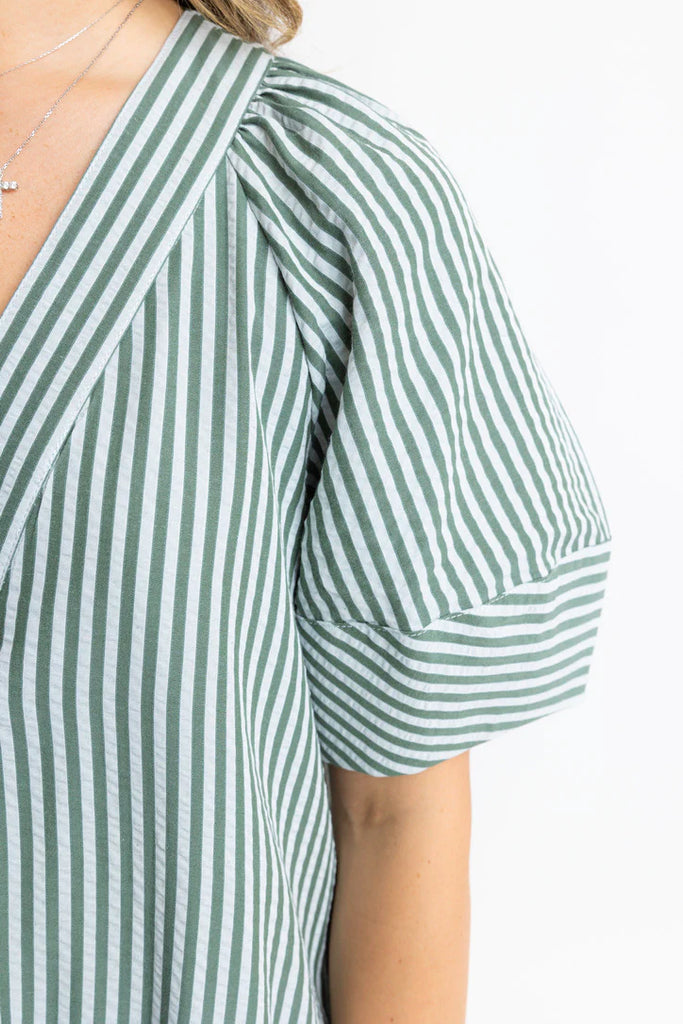 Green Stripe V-Neck Puff Sleeve Maxi Dress