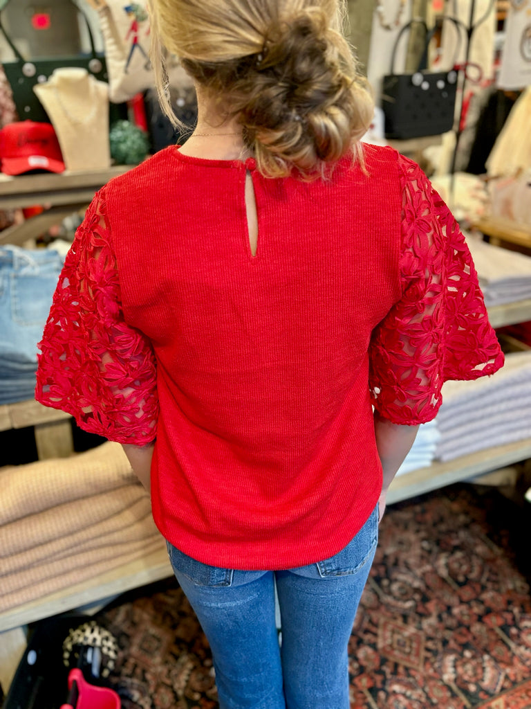 Red Flower Detail Sleeve Top