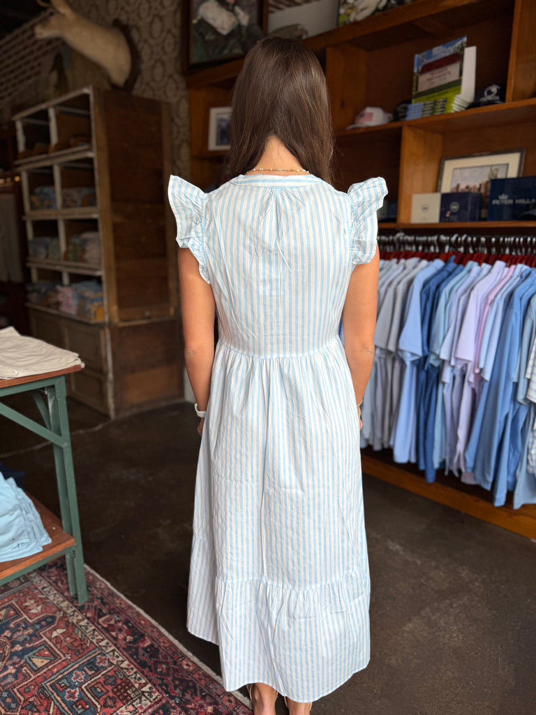 Riley Flutter Pin Stripe Blue Dress