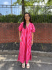 Red Stripe V-Neck Puff Sleeve Maxi Dress