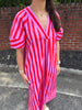 Red Stripe V-Neck Puff Sleeve Maxi Dress