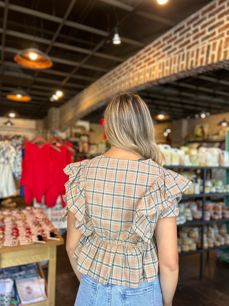 Taupe Plaid Babydoll Top